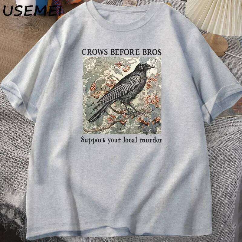 Funny Crows Before Bros Retro T Shirt Women Men Halloween T-shirt Casual Cotton Crewneck Short Sleeve Tee Dark Academia Clothing XJ260306