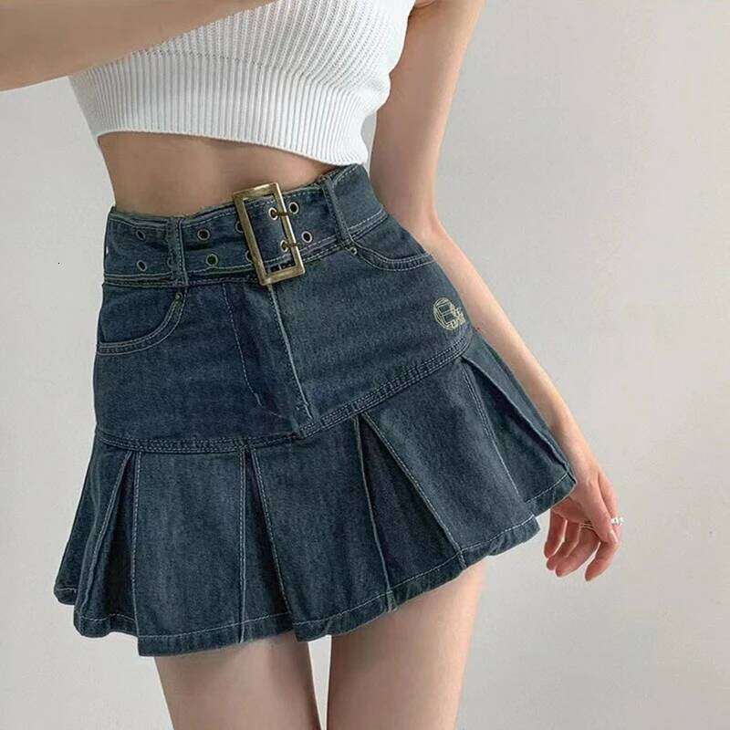 Embroider denim women's clothing spring and summer retro pleated empire look slimmer mini skirt XJ260309