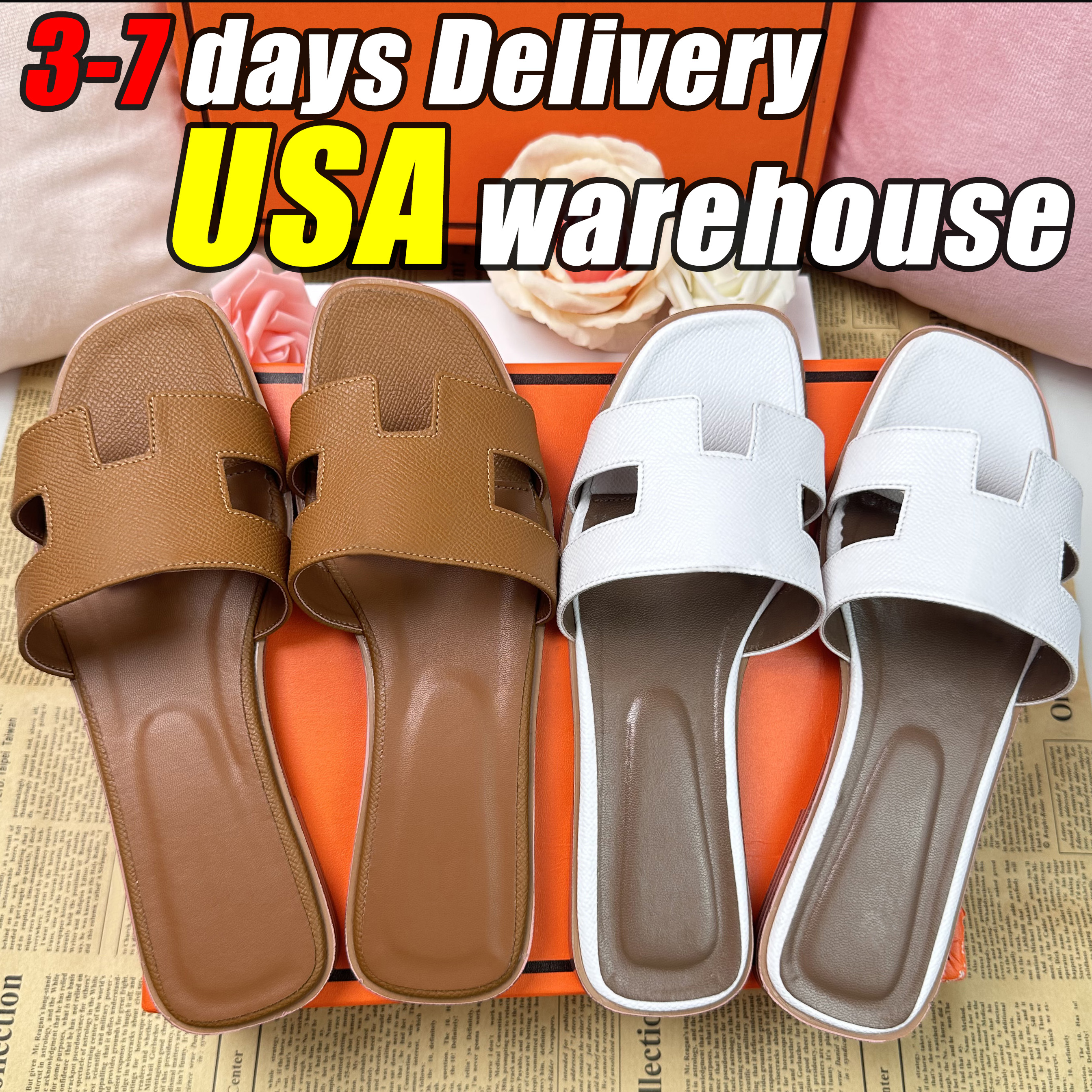 Women's Fashion Luxury Lettered Flat Rubber Leather Sandals, Flower Petal Summer Beach Footwear Slippers Brown Retro Sandals Designer Brand Designer Women's Sandals