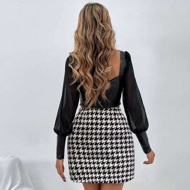 Spring Autumn Y2K Sexy Fashion High Waist Houndstooth A-line Skirt Women Casual Vintage Plaid Lady Korean Slim Female Hip Skirts XJ260309