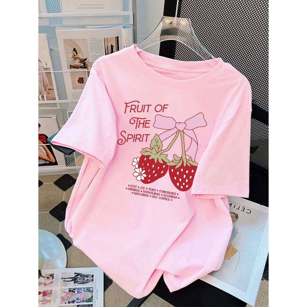 Summer T-Shirts Women Fruit of The Spirit Strawberry Print Tops O-Neck Soft Comfortable T Shirt Basic Woman Clothes Graphic Y2K XJ260306