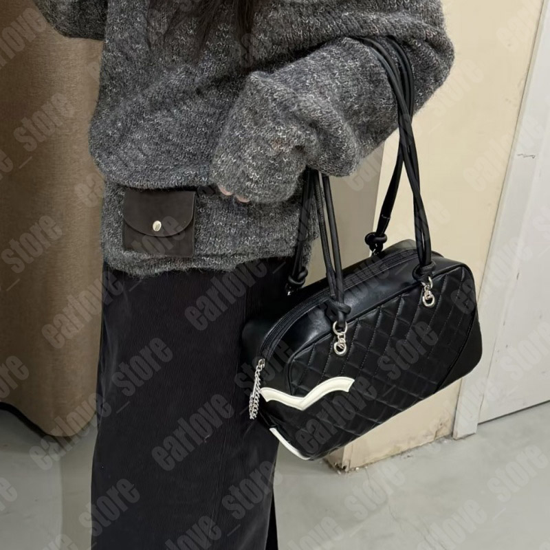 Designer Large Bowling Handbag Shoulder Bag Women Leather Denim Crossbody Luxury Brand Embossed Tote Purse Brown Flower Handbag
