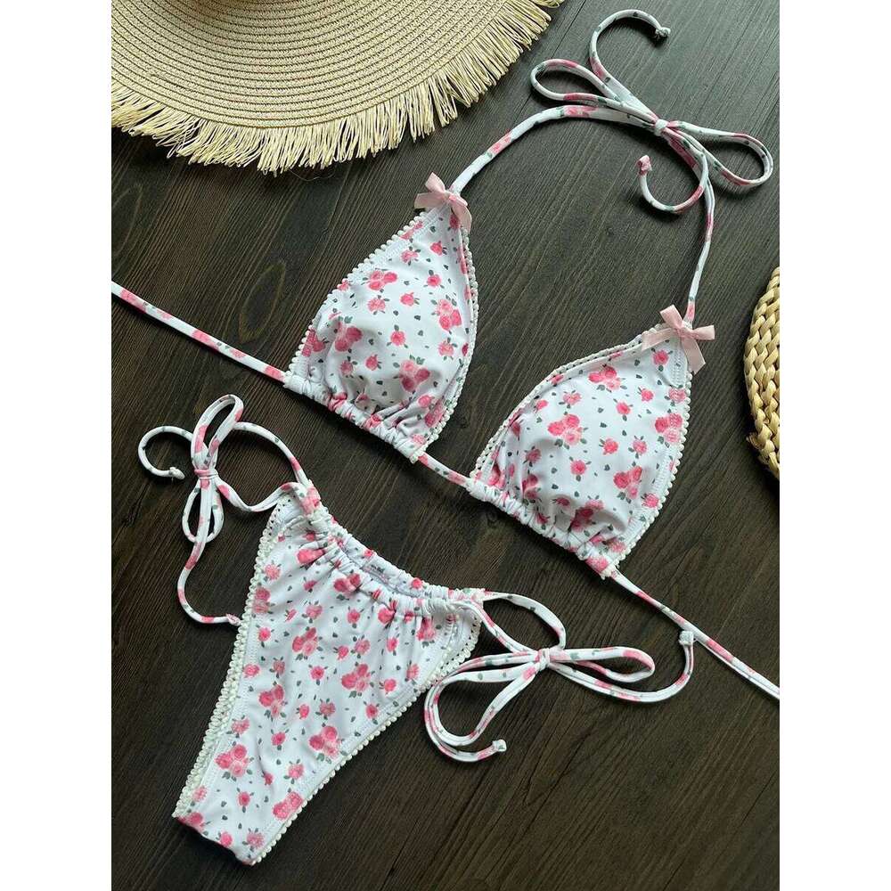 2026 Floral Print Halter Strappy Female Swimsuit Women Swimwear Two-pieces Bikini Set Bow Knotted Bathing Suit Swim Lady XJ260206