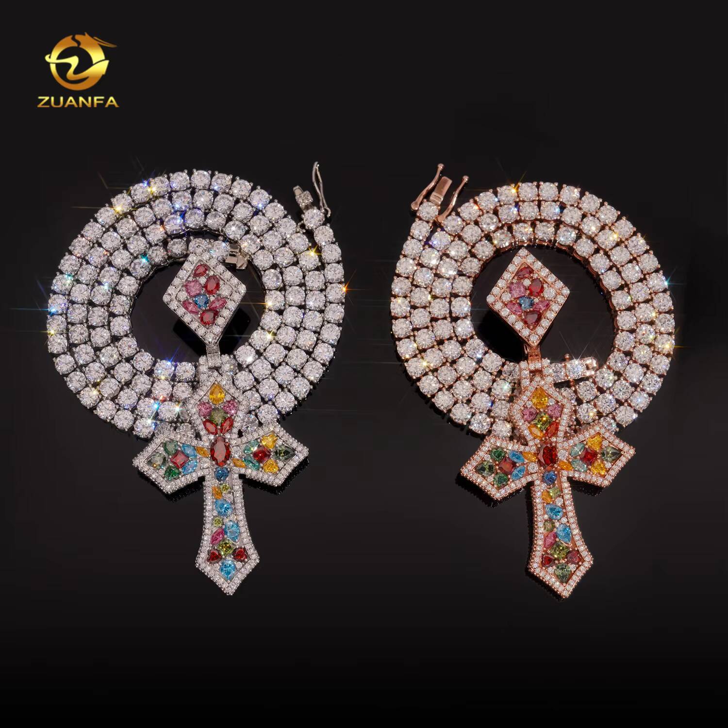 New Arrival Colorful Moissanite Cluster Cross Pendant Iced Out Moissanite Hip Hop Jewelry Luxury Cross Pendant 925 Silver