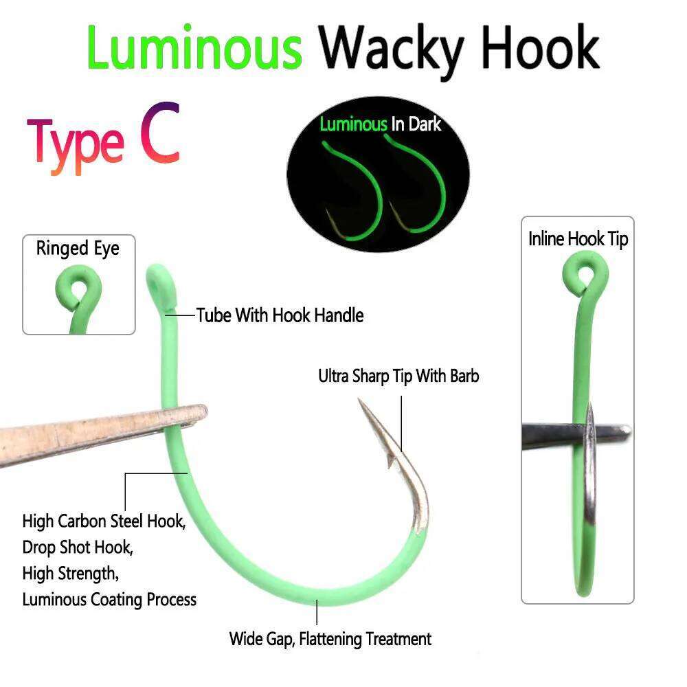 Bimoo 40pcs High Carbon Steel Wacky Hooks Luminous Drop Shot Hook Crank Worm Fishhook CatFish Trout Pike Fishing Accessories S260305