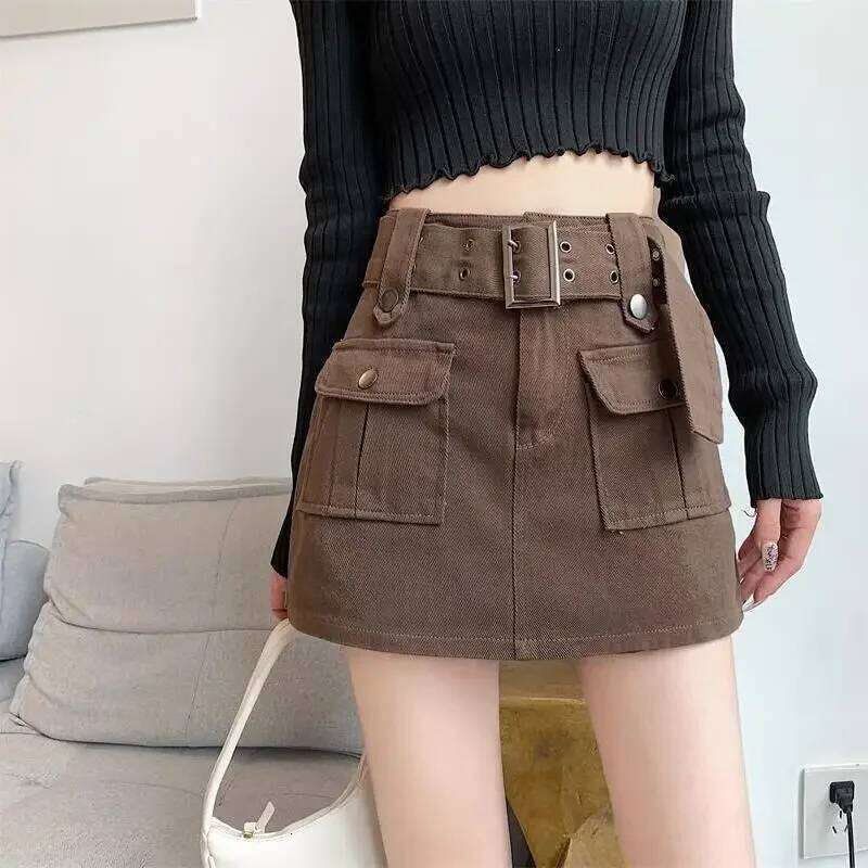 Women Mini Denim Skirts Multi Pockets Streetwear Personal Cool Ladies High Waisted A-line Wrap-around Cargo Skirt 2025 New XJ260309