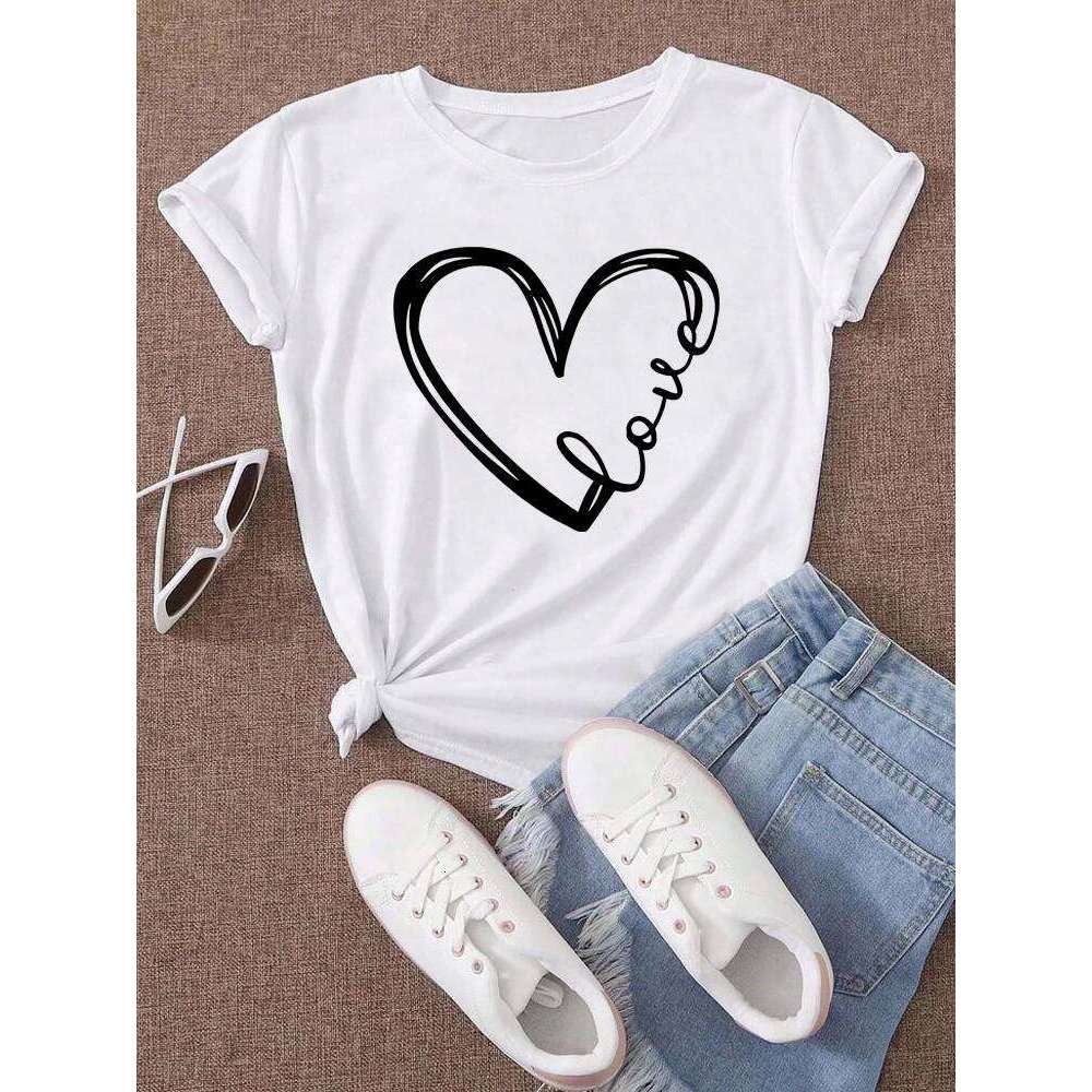 Love Heart Printed Trend Women Fashion Clothing Graphic T-shirts Clothes Print Female Shirt Short Sleeve Lady Casual Tee XJ260306