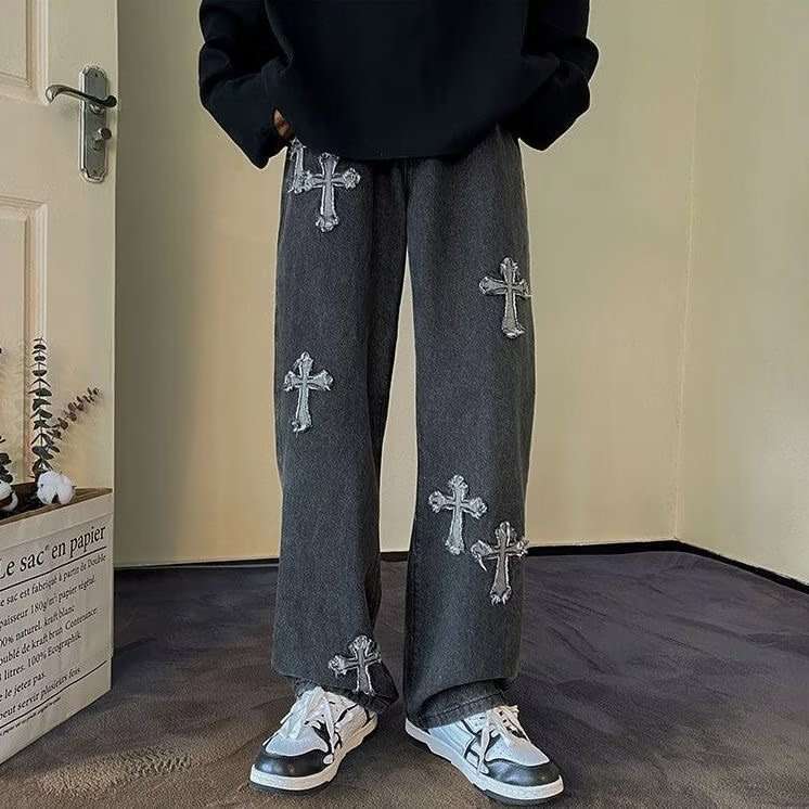 Washed Vintage Cross Jeans For Men Spring Autumn American Retro Trendy Straight Loose Cool Casual Pants