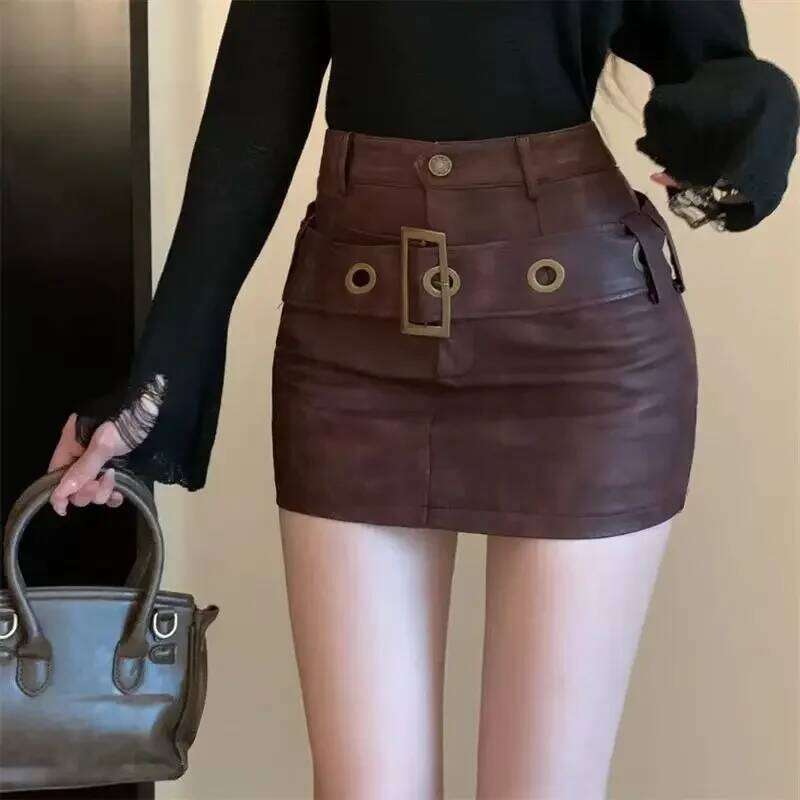 Vintage PU Skirts Sexy High Waist A-line Mini With belt Women Bodycon Party Skirt Spring Summer Streetwear XJ260309