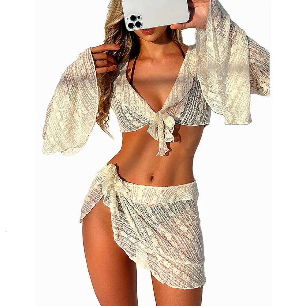 Women's 4 Piece Halter Neck Triangle High Cut Bikini Lettuce Trim Swimsuit Bathing Suit Cover Up Set XJ260206