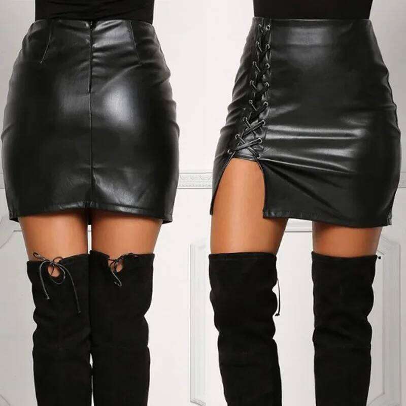 Sexy Girls Above Knee Black PU Leather Mini Skirts Spring Women High Waist Bodycon Front Split Elegant Short Skirt XJ260309