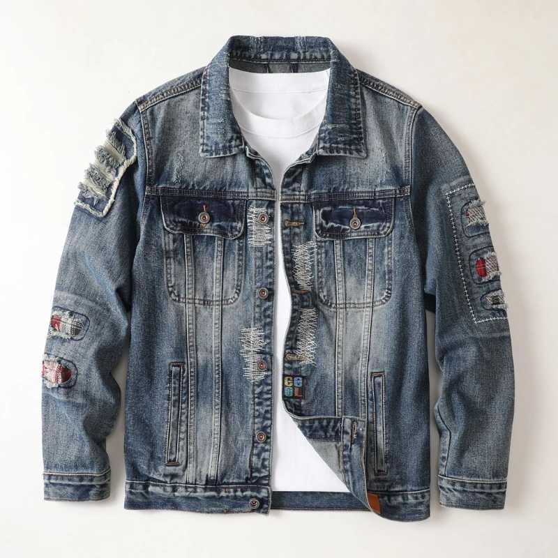 American Retro Denim Jacket with Mens Ripped Hole Splicing Trendy Jacket Loose Long Sleeved Denim Jacket Korean Fashion s63 M260309