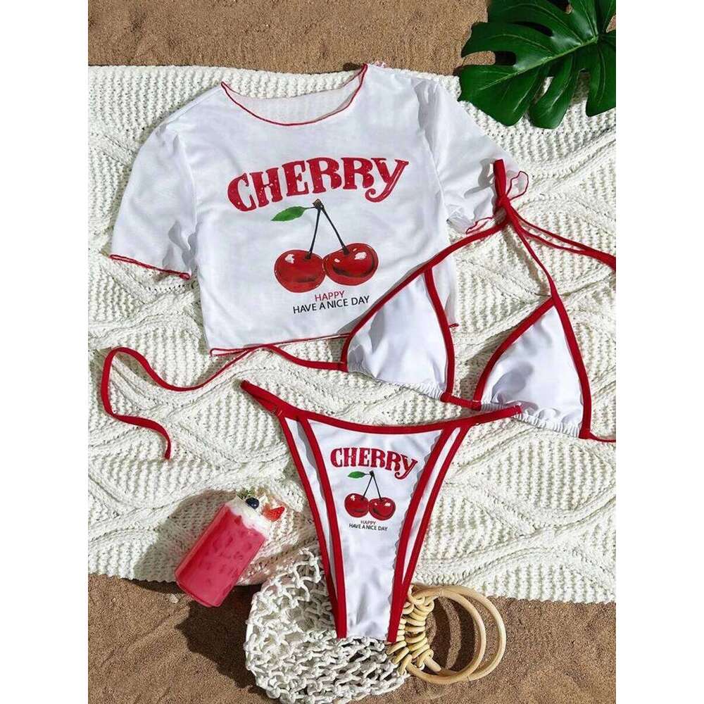 XS - L Cherry Print Short Sleeve Female Swimsuit Women Swimwear Three-pieces Bikini Set Micro Bathing Suit Swim Beachwear XJ260206