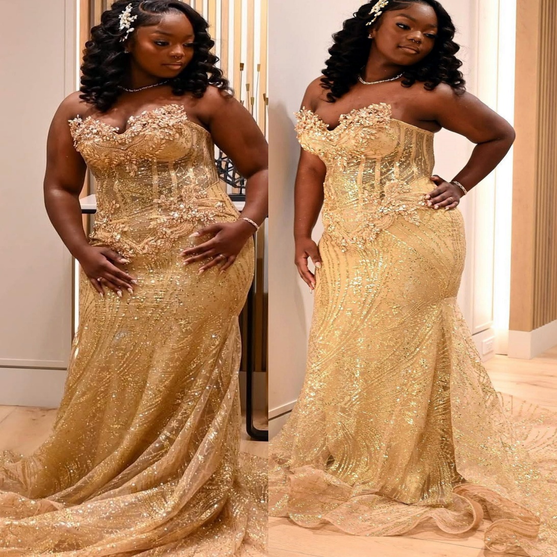 2K26 Gold Prom Dress 2026 Mermaid Prom Dress Sweetheart Crystals Sequined Sparkly Evening Dresses Birthday Party Formal Receiption Gowns Dresses ZJ076