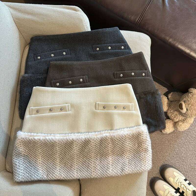Women's Autumn Winter Faux Fur Patchwork Wool&blend Short Lady Streetwear High Waist Slim Mini Skirt XJ260309