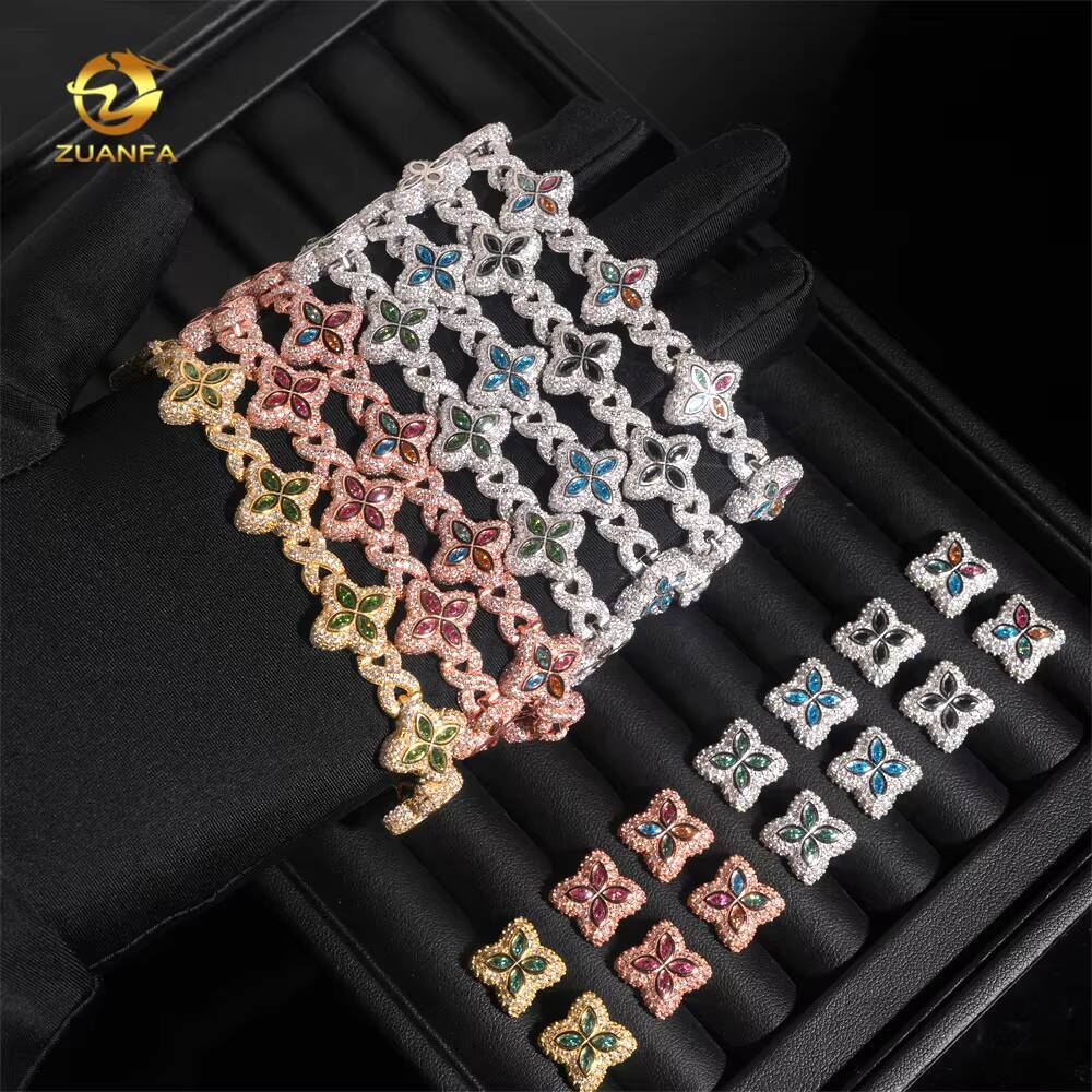 Hot Sale 15mm Color 925 Silver Moissanite Diamond Hip Hop Jewelry Iced Out Moissanite Cuban Link Bracelet Earring Set