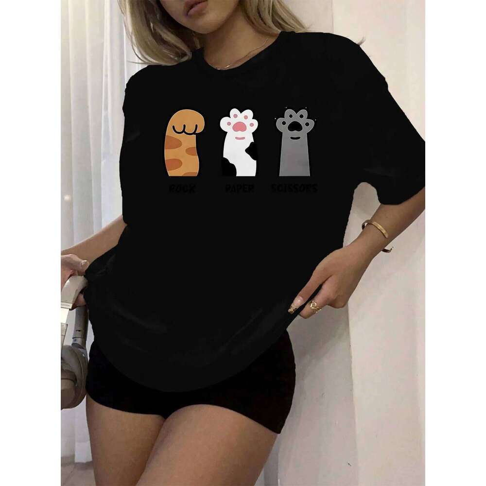 Women's Casual Short-sleeved Top Printed with Rock-paper-scissors and Cat Paw Patterns.women Clothing Fashion Summer Streetwear XJ260306