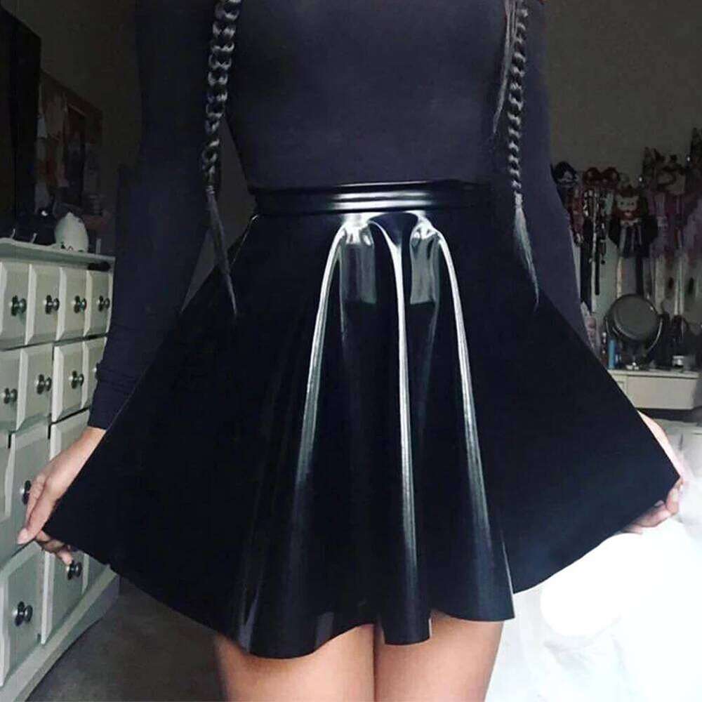 Women PVC Leather Skirt Flared A Line Skater Skirts Clubwear Dance Female Vintage Pleated Minis Glossy Short Dress XJ260309