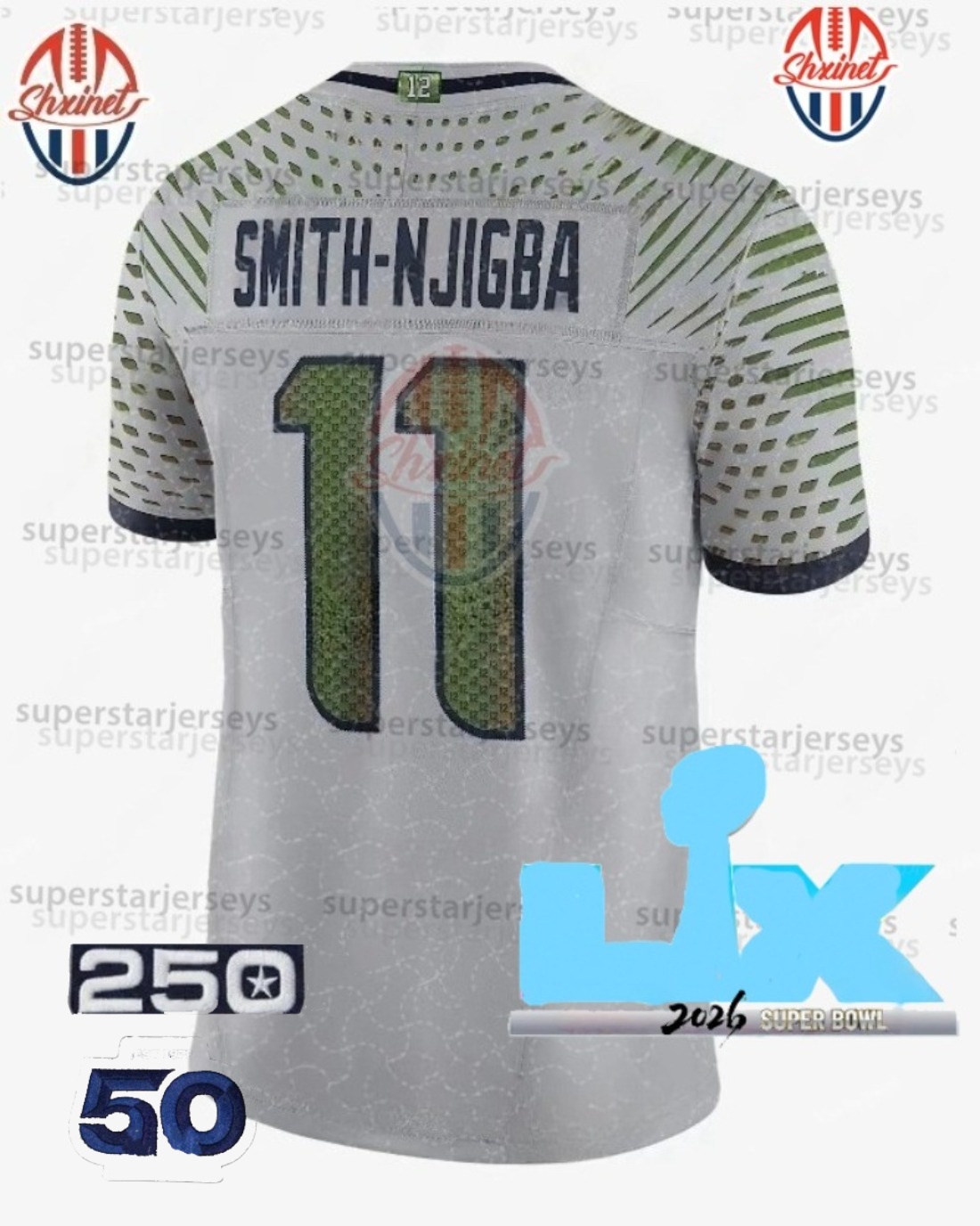 11 Jaxon Smith-Njigba 2026 Super Bowl Custom Blue/White Football Jeresy Cooper Kupp Fan Darnold Witherspoon Milroe DK Metcalf Walker III 50th Annivers