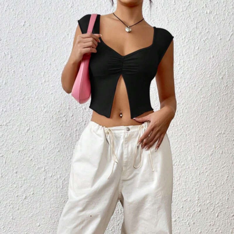 2026 new Designer women's clothing spring and summer, new solid color V-neck sleeveless slit crop top T-shirt for women