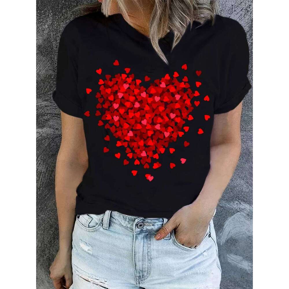 Heart Print T-Shirt For Valentine's Gifts, Crew Neck Short Sleeve T-Shirt, Casual Every Day Tops, Women's Clothing XJ260306