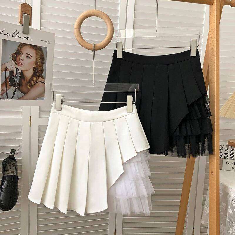 Pleated Skirts Women Chic Summer Party All-match Schoolgirls Clothing Vintage Slim Simple Pure Faldas Ulzzang Y2k Mesh Design XJ260309
