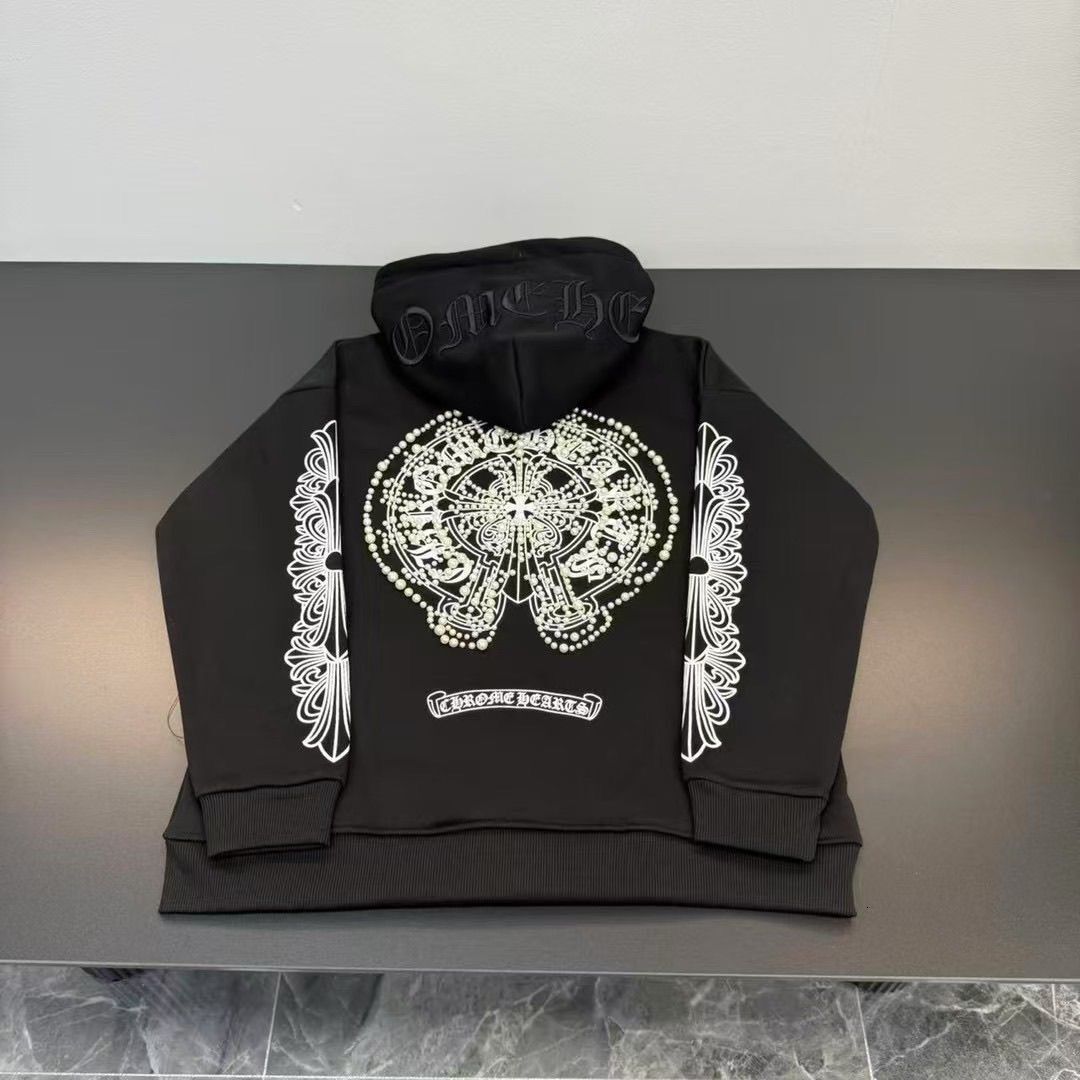 New Pearl Embroidery Trendy Cro Sanskrit Hooded Loose Sweatshirt for Men and Women with Fleece