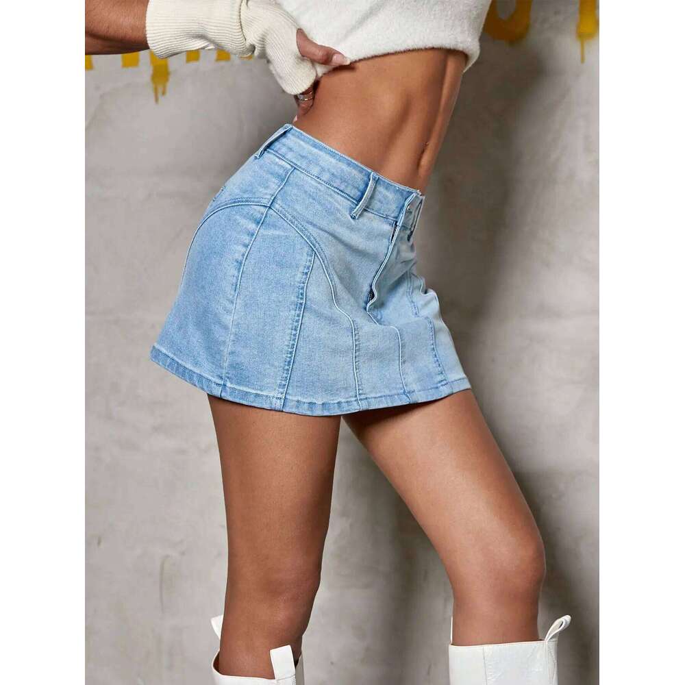 Y2k 2023 Fashion Women Carnival Holiday High Waist Solid Fake Pocket Skinny Mini A-Line Denim Skirt Streetwear XJ260309