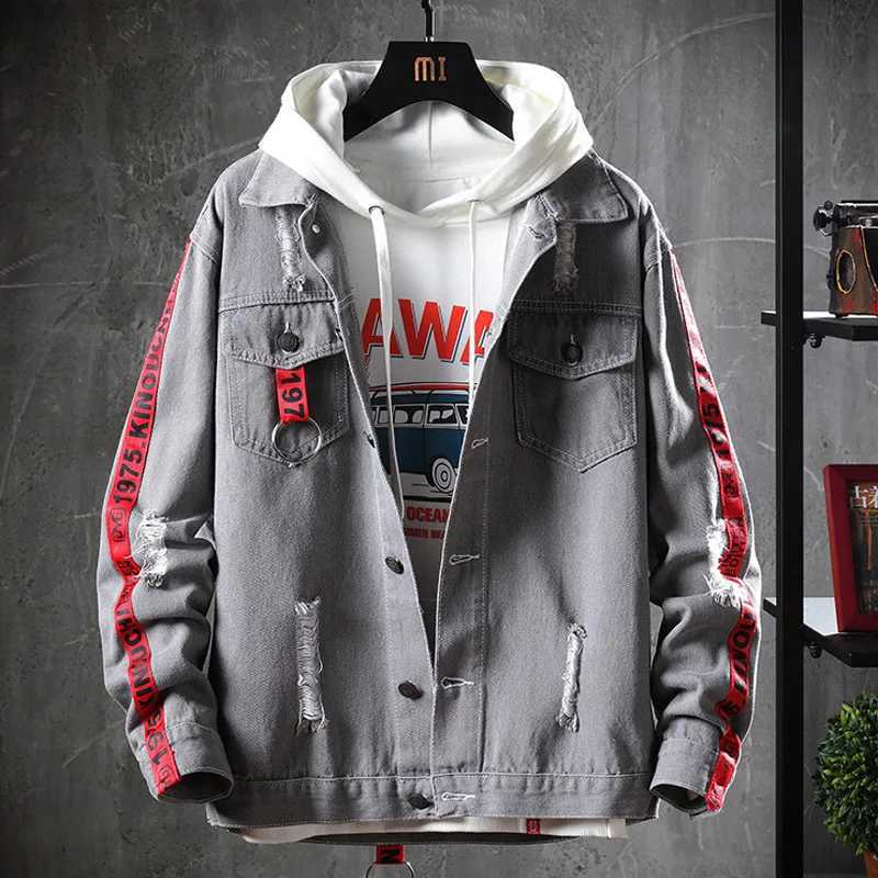Denim Coat Mens Trendy Students Handsome 2021 New Spring and Autumn Korean Embroidery Street Hip Hop Denim Jacket Clothes M260309
