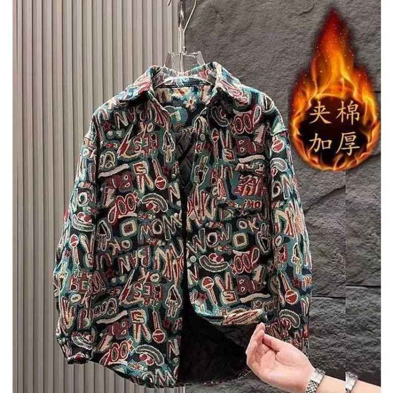Cotton-thickened Fashion Printed Casual Jacket for Mens Fashionable Versatile Loose Lapel Jacket Top M260309