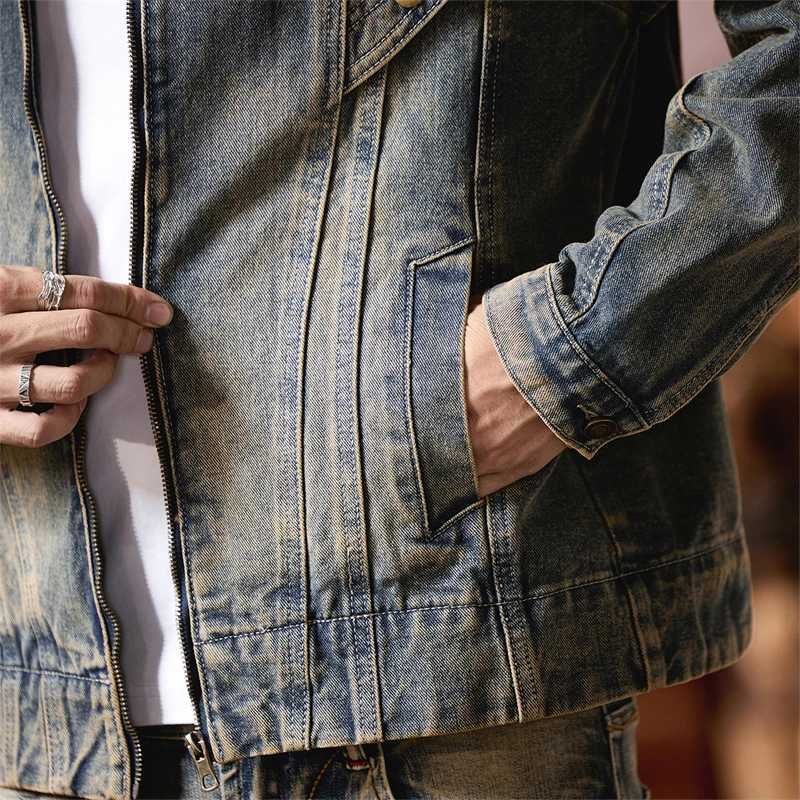 Men Heavy Industry Washed Denim Rivet Vintage Fashion Stand Collar Motorcycle Jacket Man Streetwear Runk Hip Hop Jeans Coat M260309