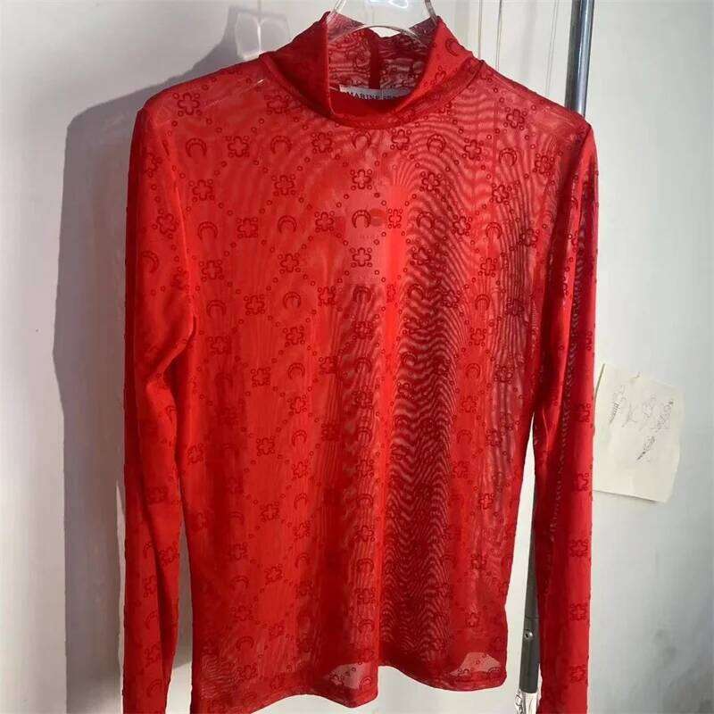 See Through Brand Women Tops Tulle Mesh Versatile Long Sleeve Moon Flocked Shirt Casual Thin Blouses Y K Sexy Sheer Blusas P MAKOUFEI