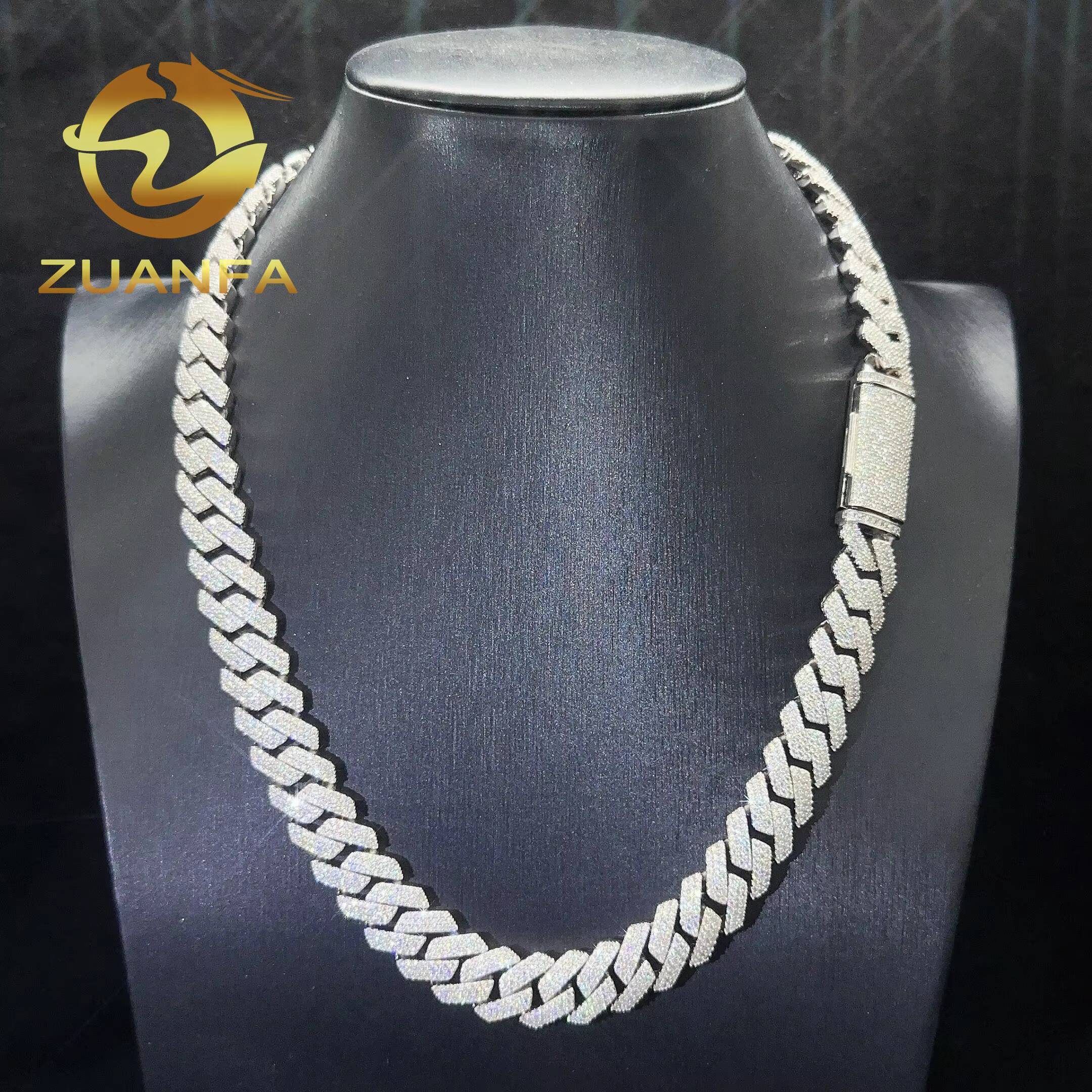 Wholesale Price 14mm 3Rows Moissanite Cuban Chain 925 Sterling Silver Iced Out VVS Men Cuban Link Chain Necklace