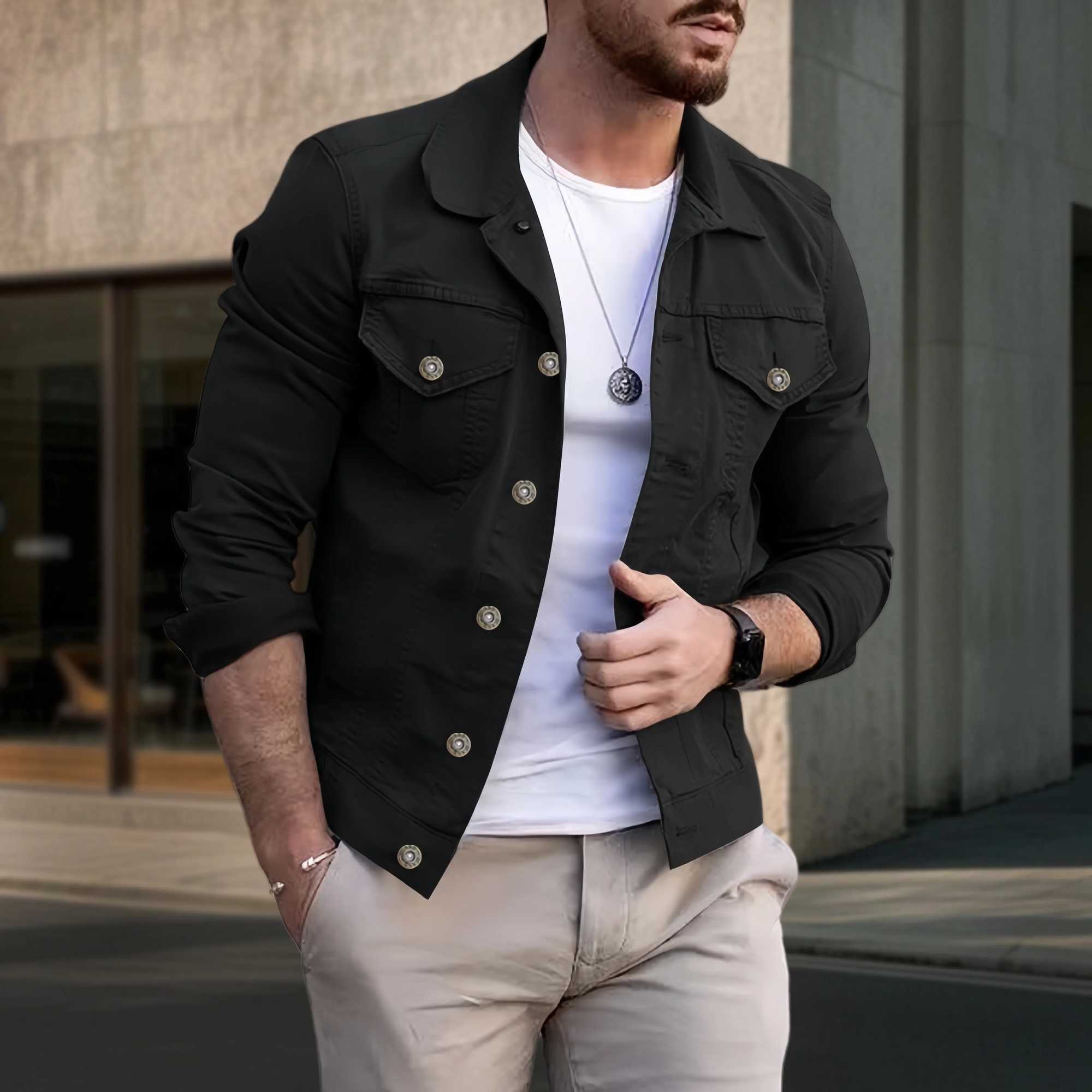 2025 New Mens Casual Denim Jacket Fashion Streetwear Solid Turn down Collar Spring Autumn Jean Outwear Male Daily Coat M260309
