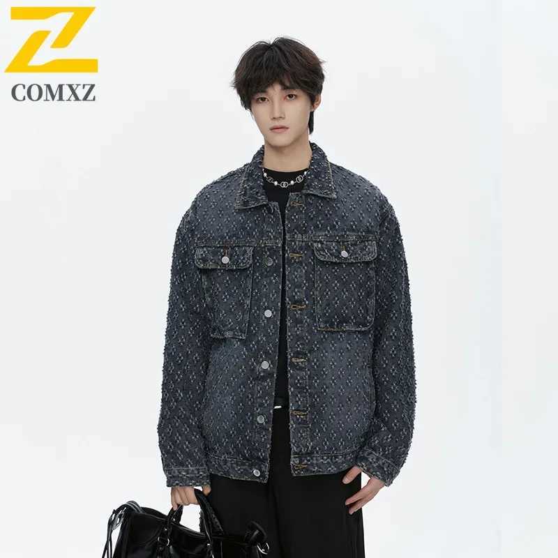 COMXZ 2025 Spring Fashion Distressed Brushed Plus Size Unisex Color Block Denim Jacket J8813 P65 Special Price M260309