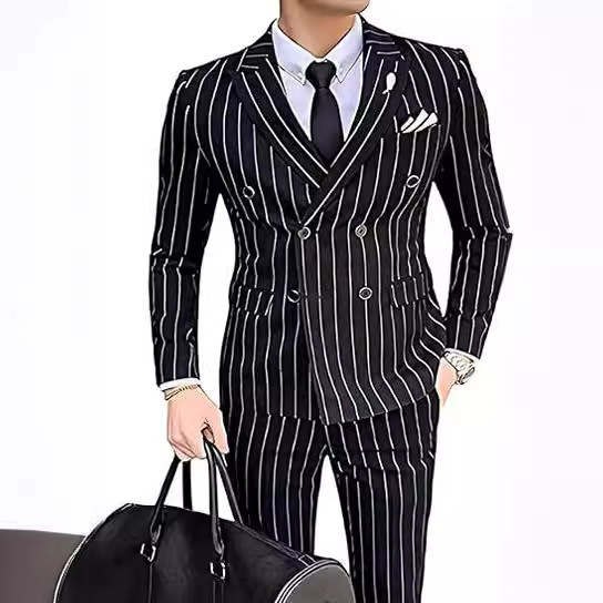 mens slim-fit pinstripe suit 2-piece double-breasted suit suitable for weddings and business
