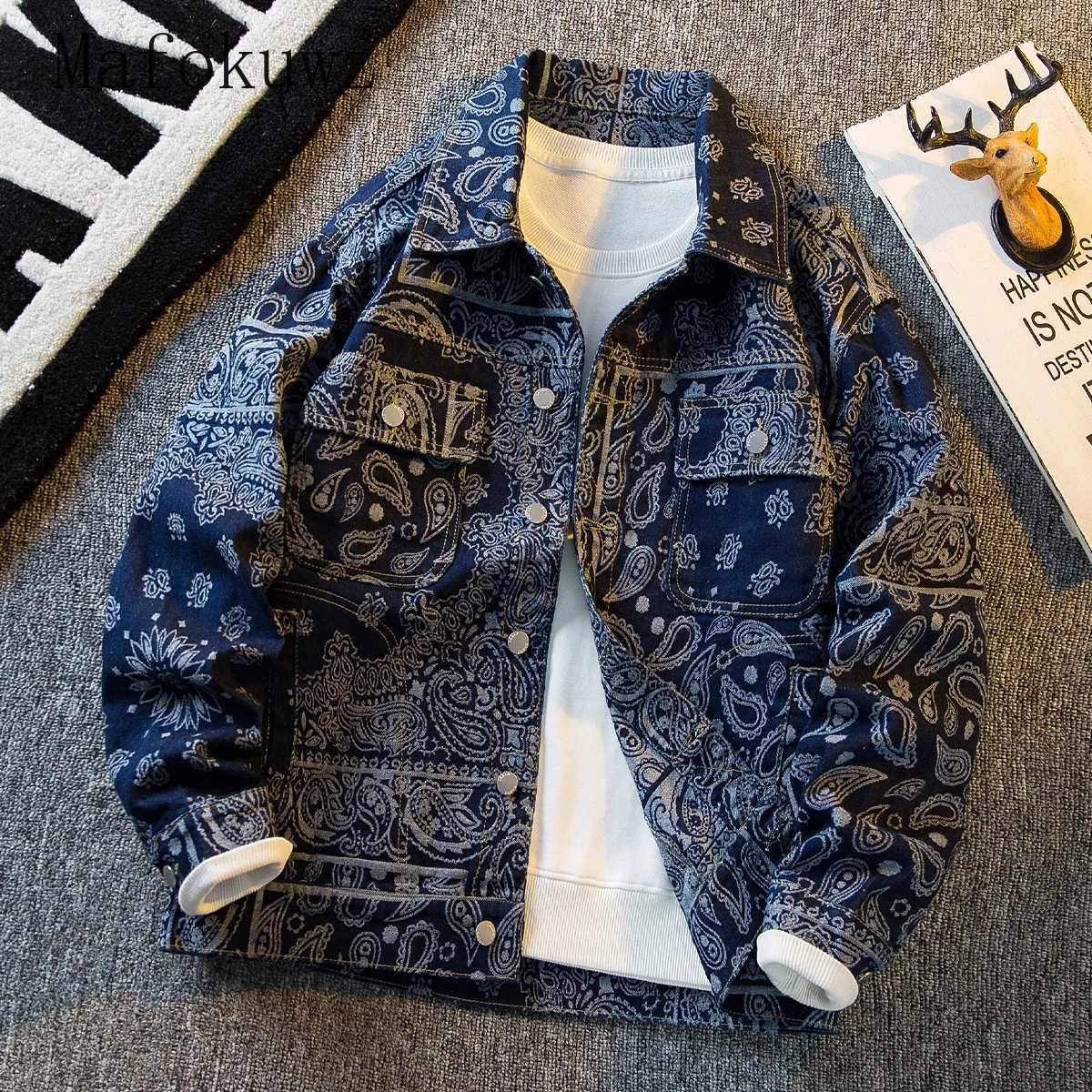 Autumn Retro Ethnic Style Jacquard Denim Jackets Mens Handsome Loose Casual High Street Workwear Jacket Tops Male Clothes M260309