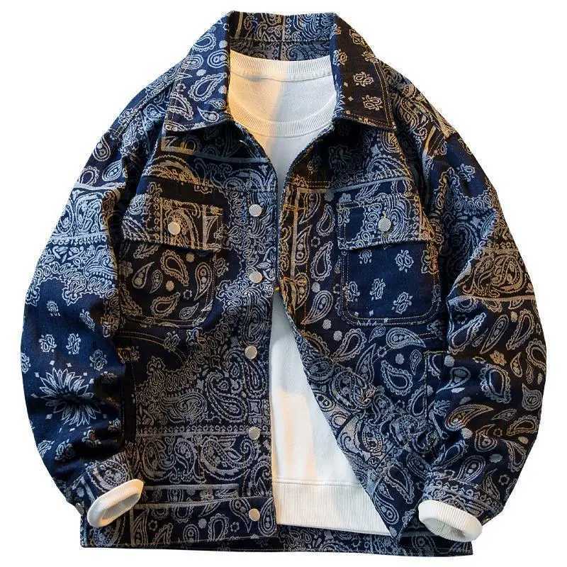 Cashew Flower Denim Jacket Mens Spring and Autumn Handsome Loose Casual Tops Classic Lapel Design Single Breasted Pockets Coats M260309