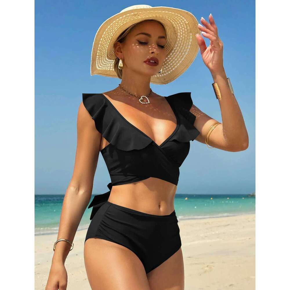 ZAFUL Women High Waisted Bikini Sets Two Piece Ruffle Swimsuit Cross Cutout Ruched Bathing Suit XJ260206