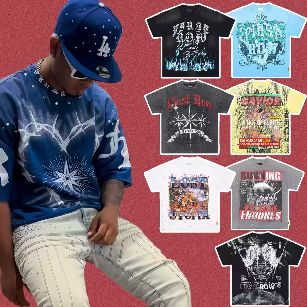 Mens T Shirt First Row Graphic T Shirt Mens Streetwear Vintage Washed Tee Oversized Boxy Fit Heavyweight Cotton Retro Acid Wash High Street Summer Top