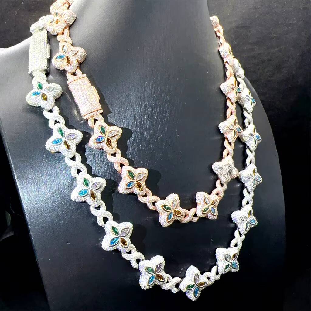 New Luxury Man Rapper Style Jewelry Iced Out Hip Hop VVS1 Fancy Moissanite Diamond Four Flowers Infinity Miami Cuban Link