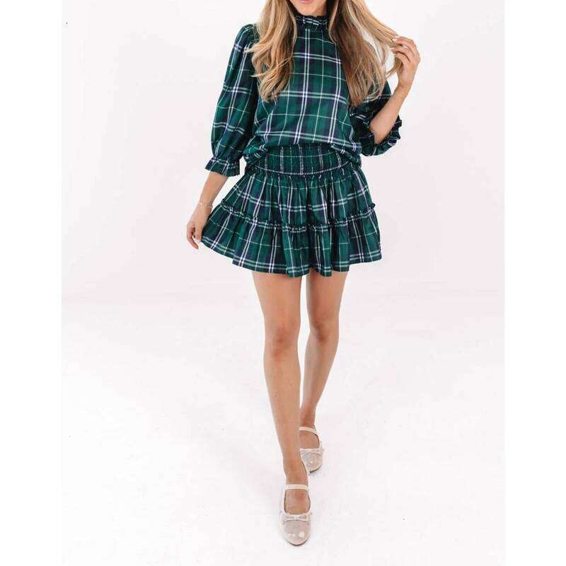 Womens Christmas Plaid Print Mini Skirt Y2k Smocked Elastic High Waist Layered Ruffle Swing Flowy A-line Short Skirts XJ260309