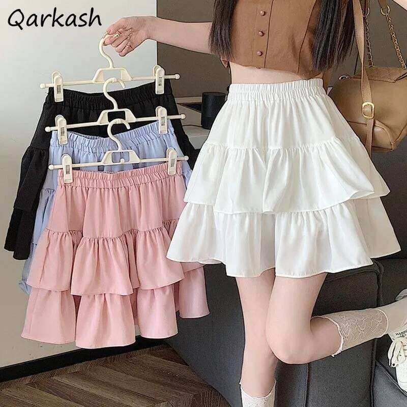 Ruffled Cake Skirts for Women High-waisted A-line Solid All-match Sweet Lovely Girls Korean Style Gentle Spring Kawaii Casual XJ260309
