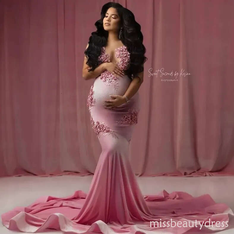 Mermaid Pink Robe Appliqued Maternity Evening Dress for Babyshower Shoot Vestiti Sposa Pregnant Women Gowns Customized Aso Ebi 1117