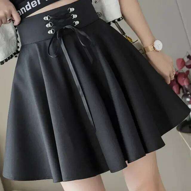 Women's Basic Versatile Flared Casual Mini Skater High Waisted School Goth Punk Black Skirt Harajuku XJ260309