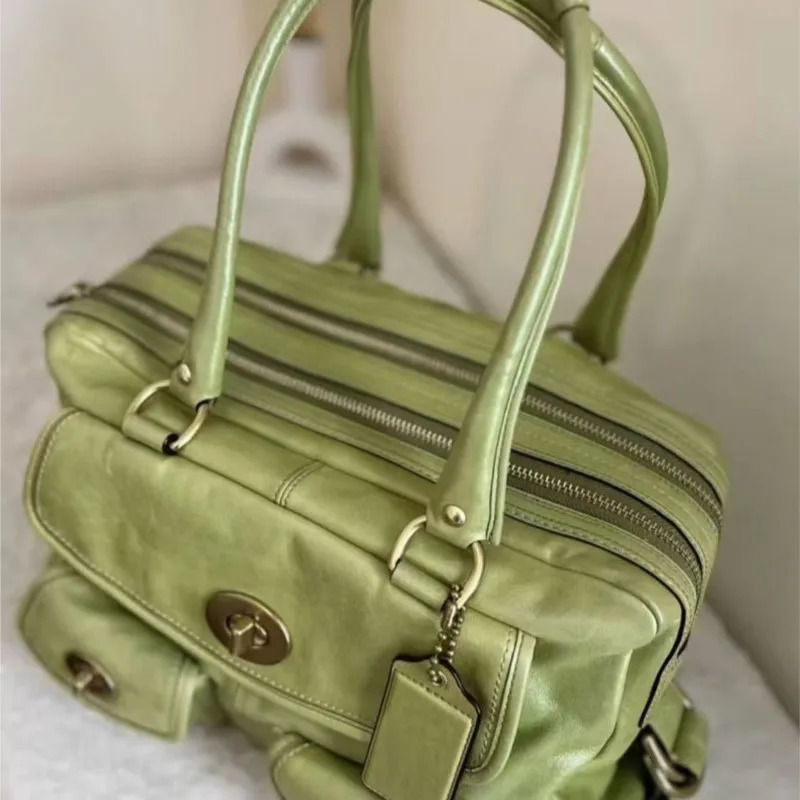 Vintage Green Lock Handbag Women PU Leather Large Capacity Shoulder Bags Ladies Harajuku Y2k Aesthetics Versatile Crossbody Bags 260228