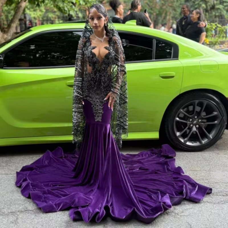 Vintage Purple Prom Dresses For Girl Mermaid Split Ruffles Party Dress With Beading African Evening Gowns 2026 Customized