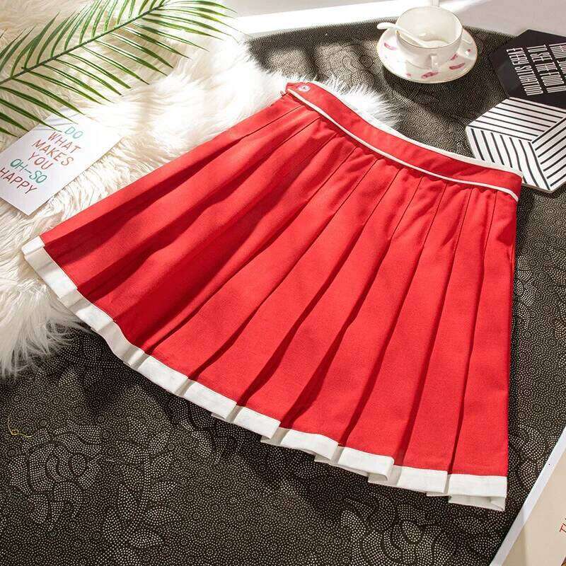 Women's Pleated Skirt Skater School Uniform Mini Skirts Hit Color High-waisted Red Short Sports Casual Korean Style Kawaii XJ260309