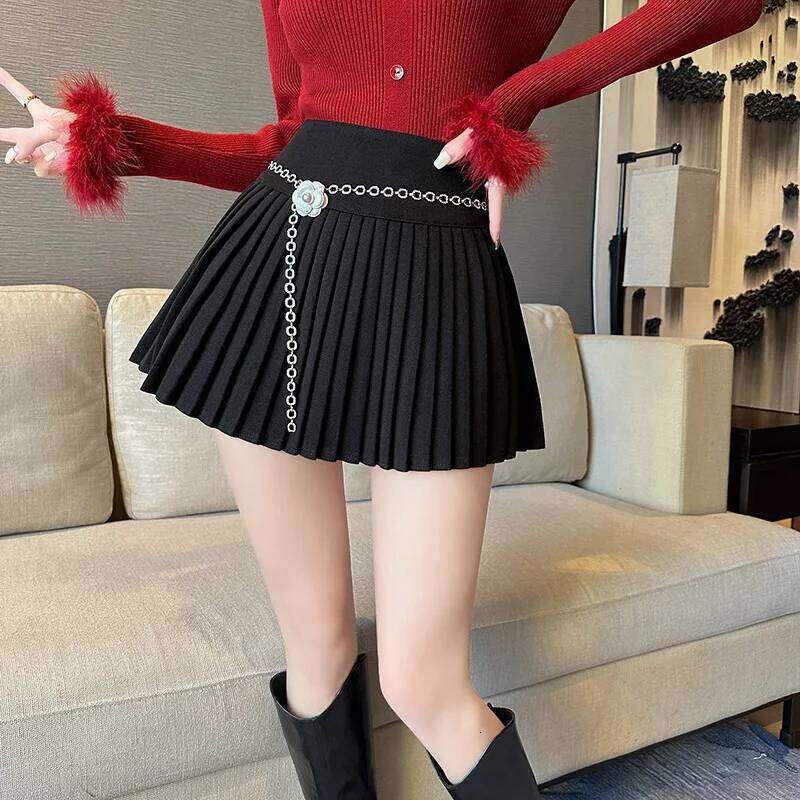 Korean Fashion Preppy Style Mini Women A-line High Waist Female Pleated Skirt Chain Lace-up Elegant Skirts XJ260309