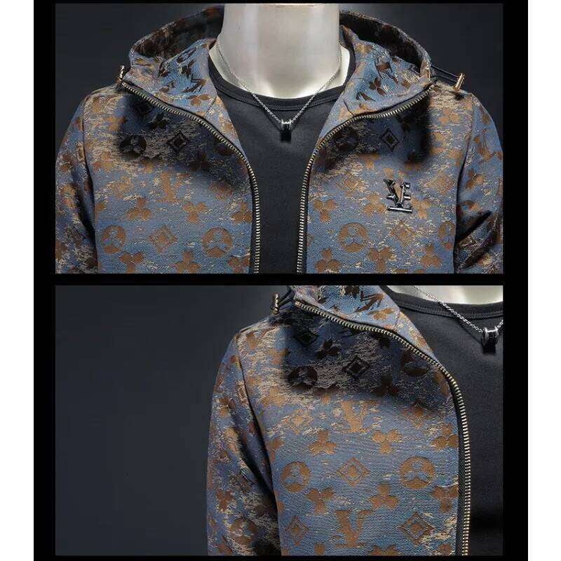 Minglu Allover Printed Hooded Men's Jackets High Quality Long Sleeve Zipper Sport Casual Male Coats Man Overcoat Plus Size 5Xl Asia Size
